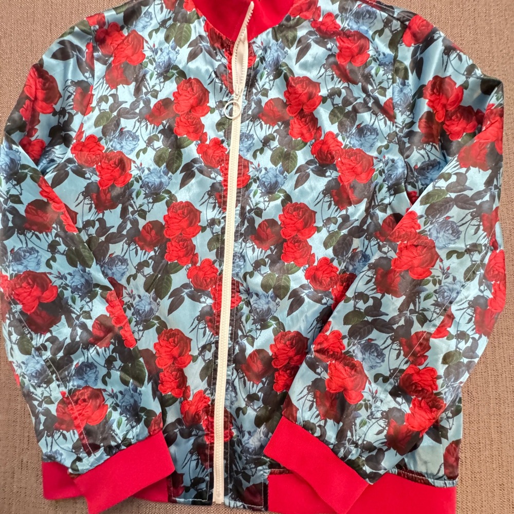 INC International Concepts Floral Rose Bomber Jacket Blue Red Large